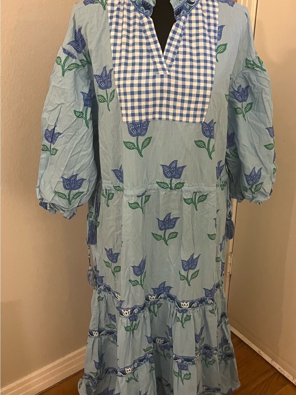 Printfresh Tulip Bloom Coconut Cafe Dress 3/4 Puff Sleeve Midi Size L